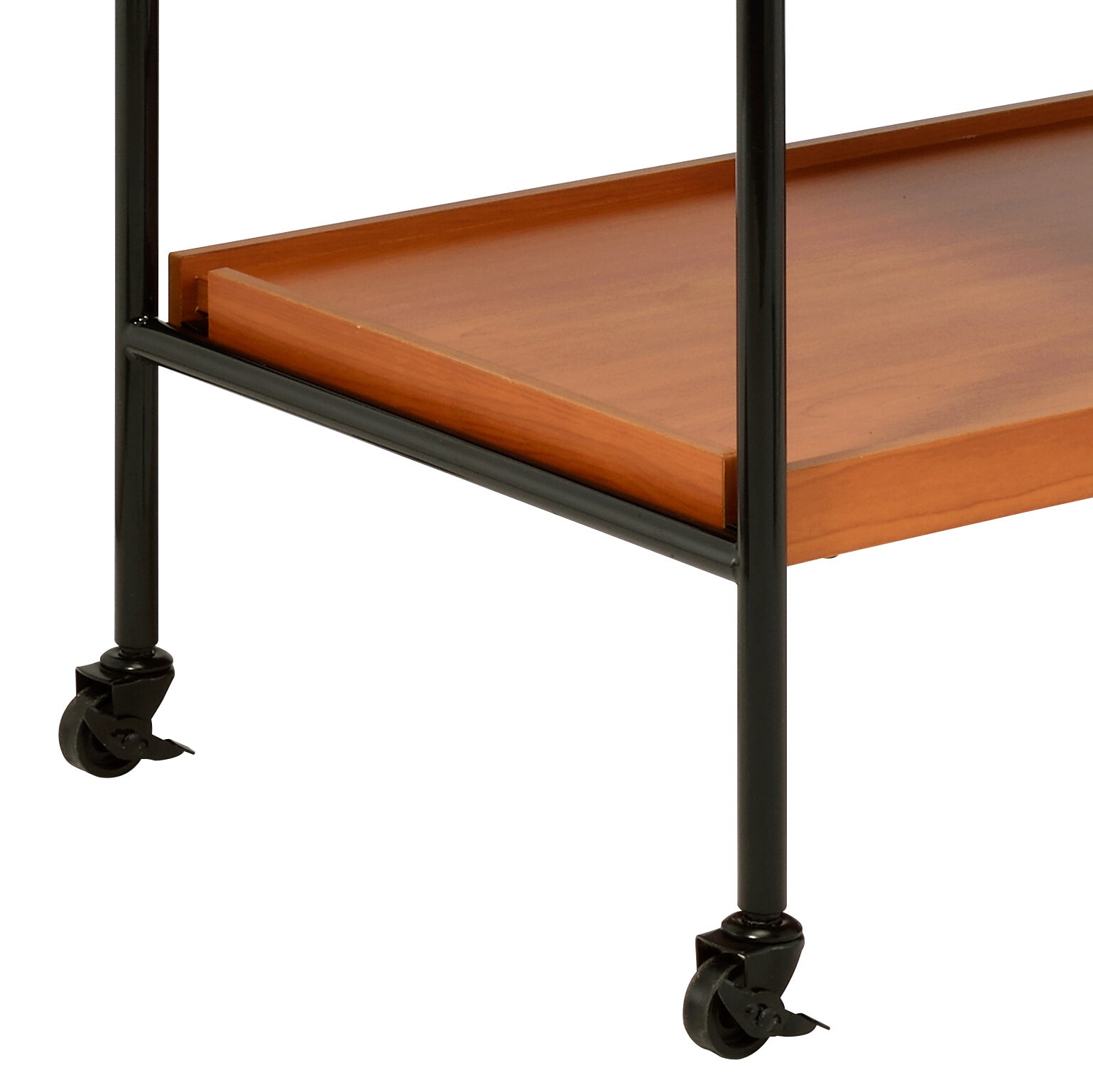 Wooden rolling bar cart with black metal frame and casters