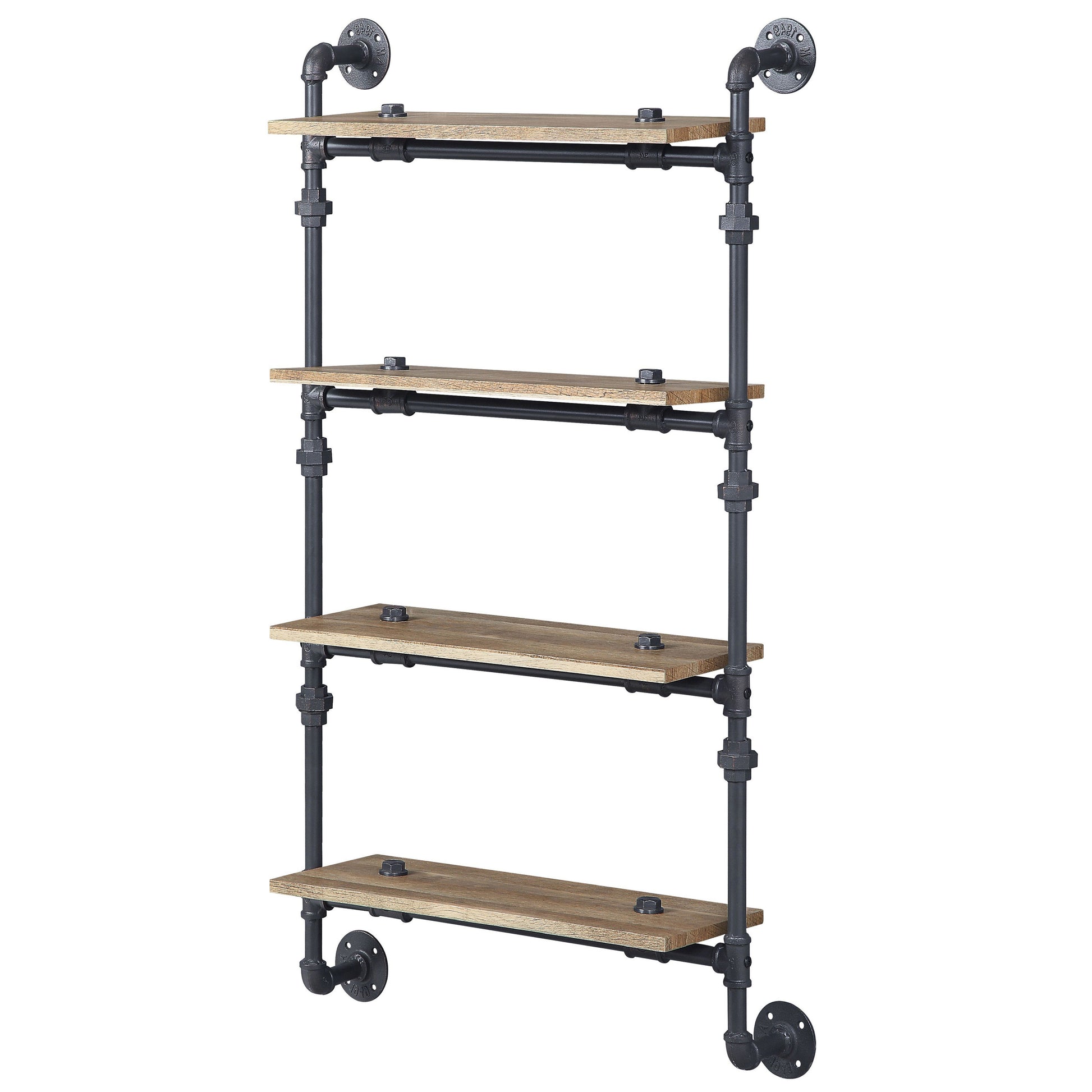 Industrial pipe shelf with four rustic wood planks and black metal hardware