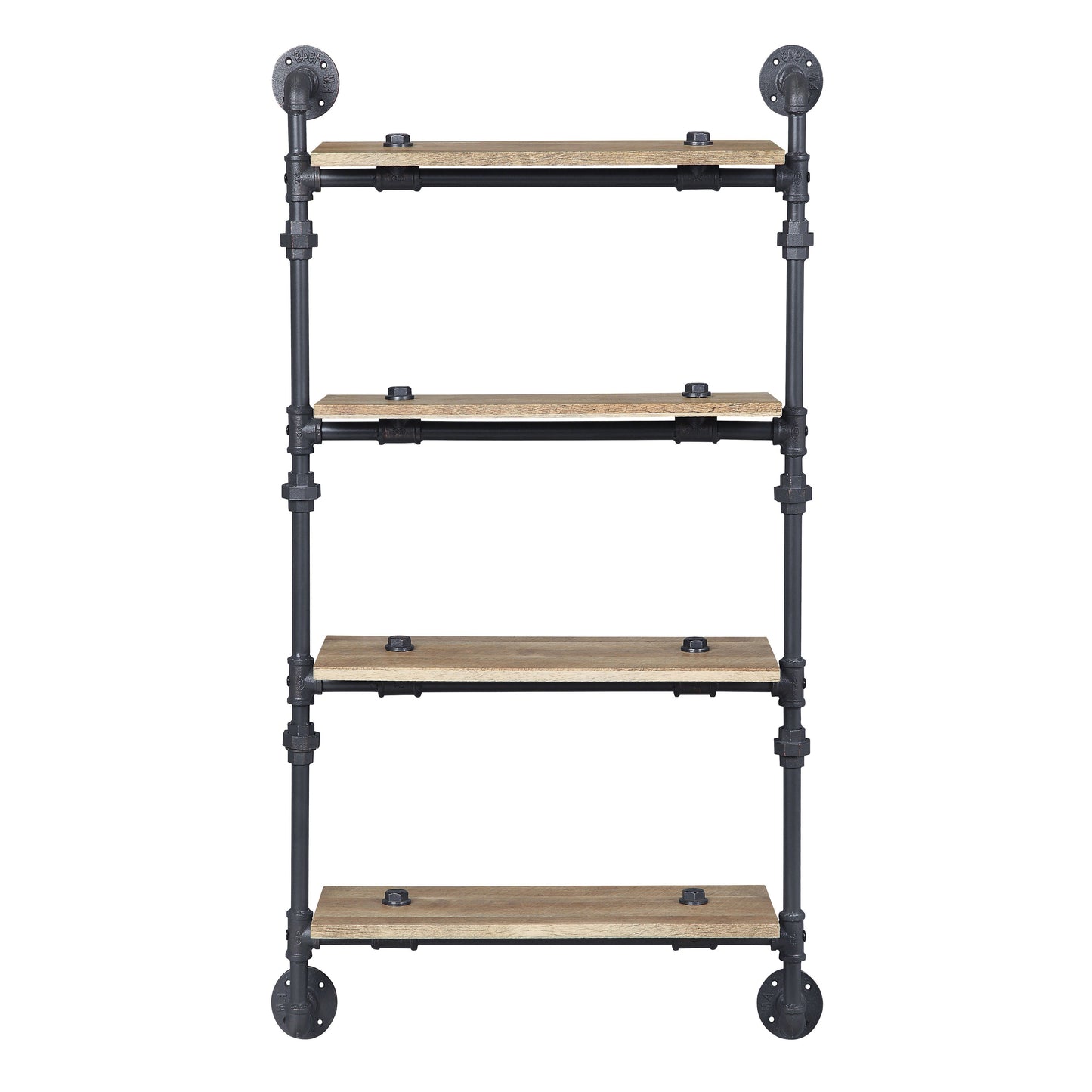 Industrial pipe shelf with four natural wood planks and black metal framing perfect for rustic decor