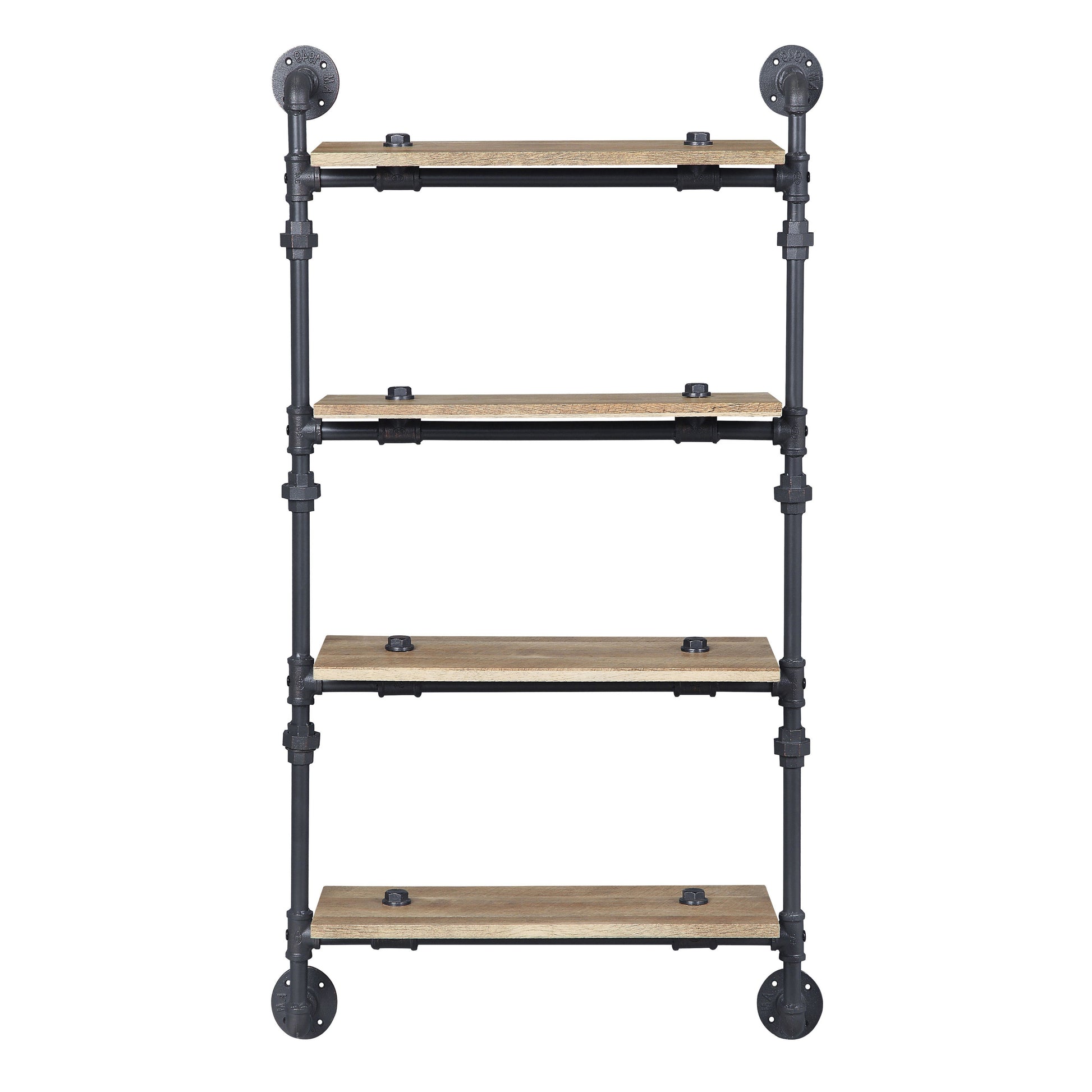 Industrial pipe shelf with four natural wood planks and black metal framing perfect for rustic decor