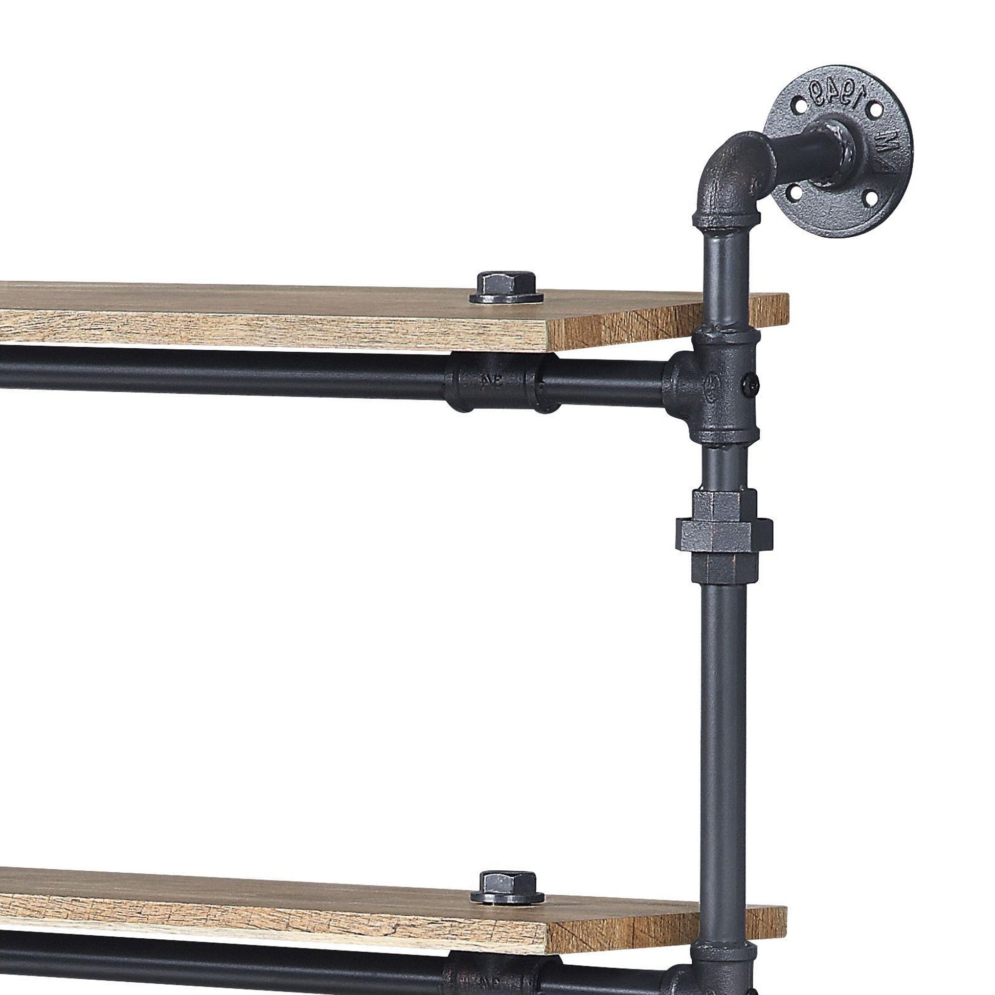 Industrial pipe shelf with reclaimed wood planks and black metal pipework