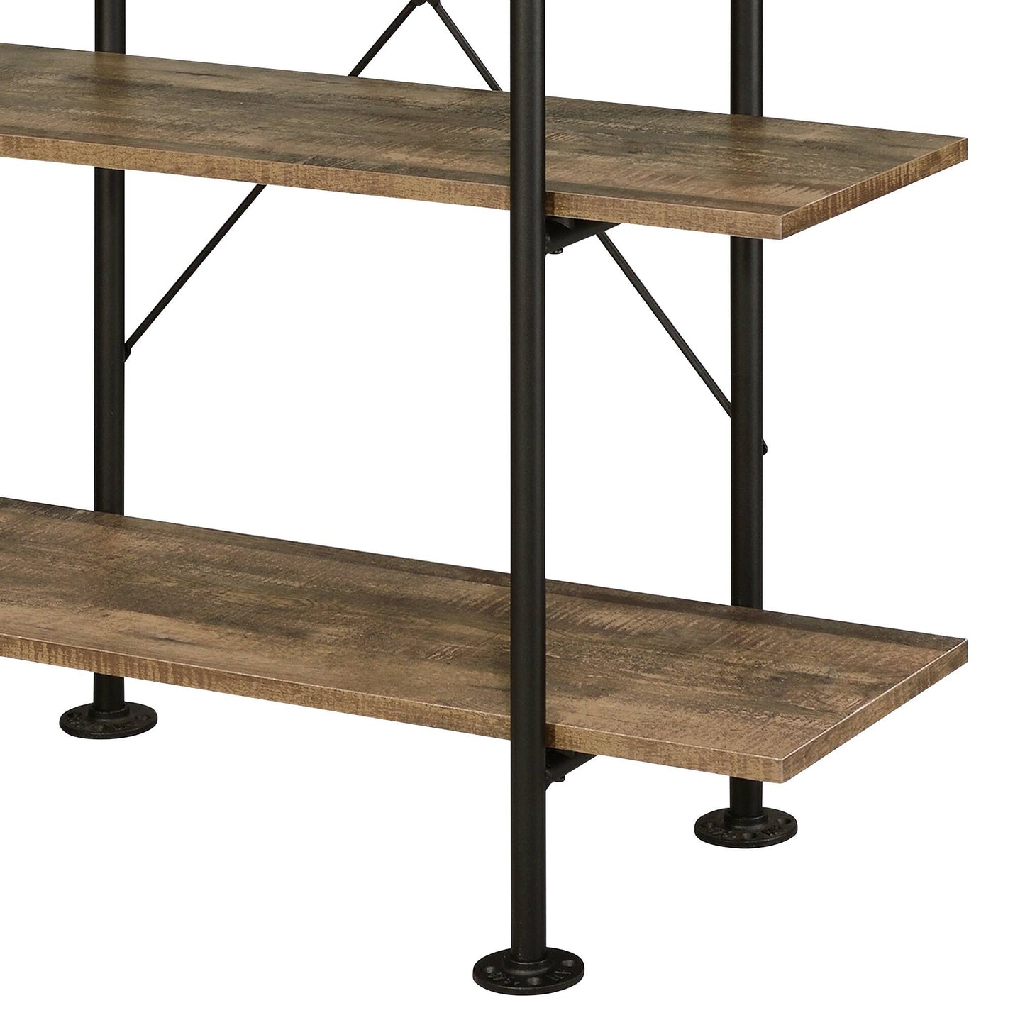 Rustic wood bookshelf with black metal pipes and flange feet