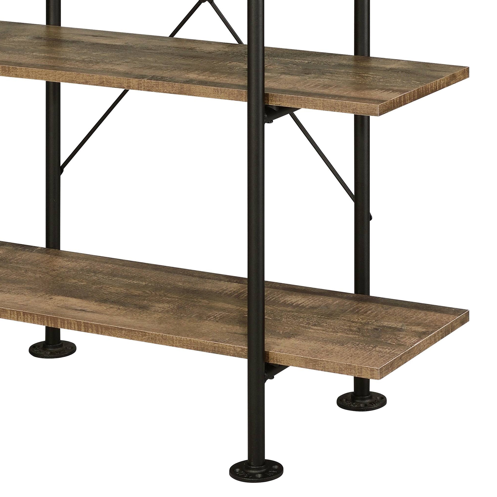 Rustic wood bookshelf with black metal pipes and flange feet