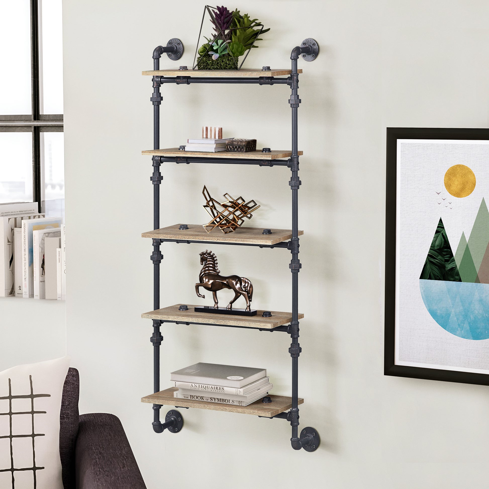Industrial pipe shelving unit with five natural wood shelves ideal for rustic home decor