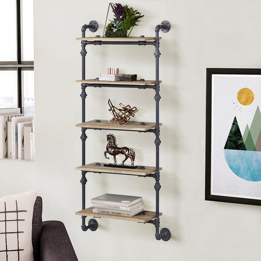 Industrial pipe shelving unit with five natural wood shelves ideal for rustic home decor