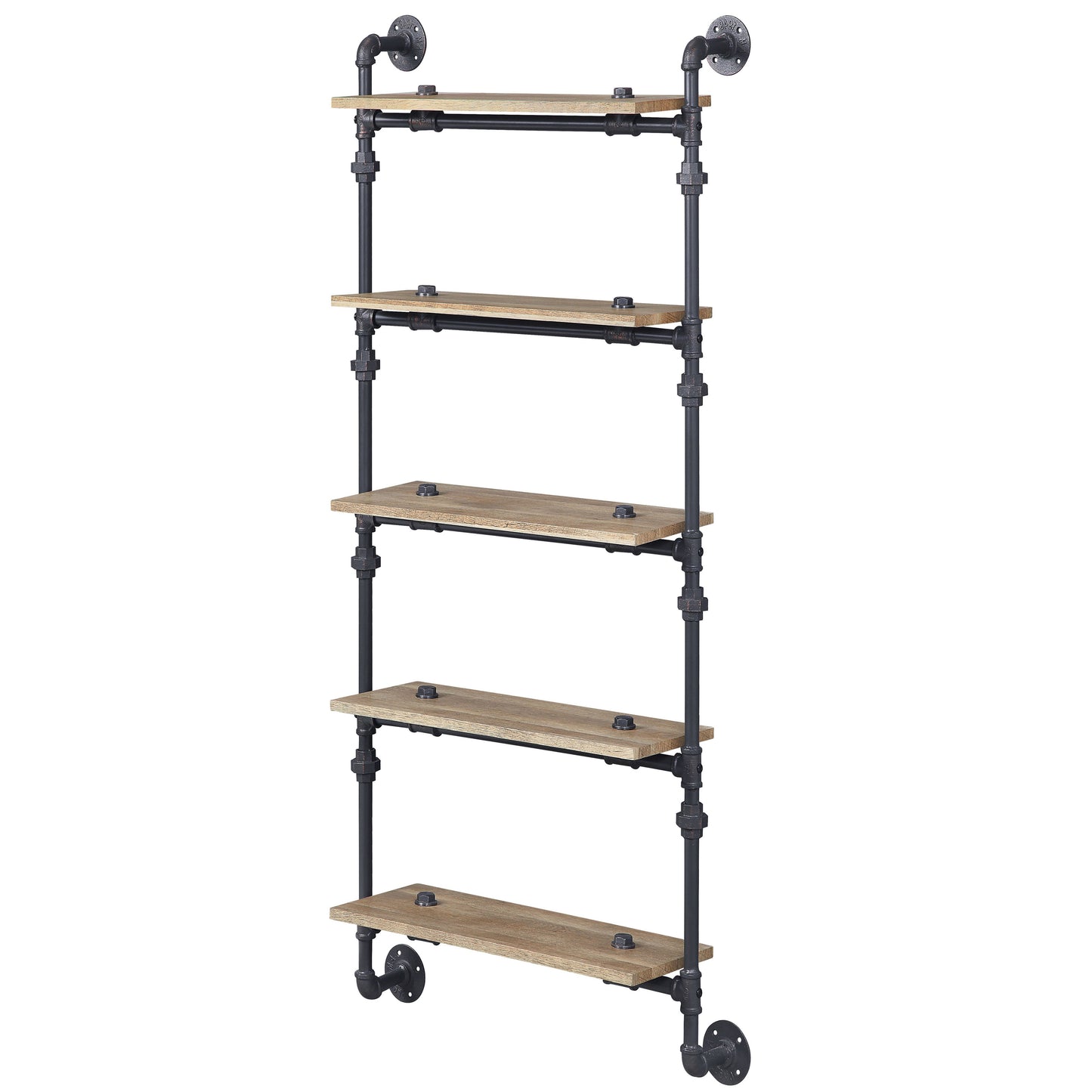 Industrial pipe shelving unit with five wooden shelves and black metal pipe frame