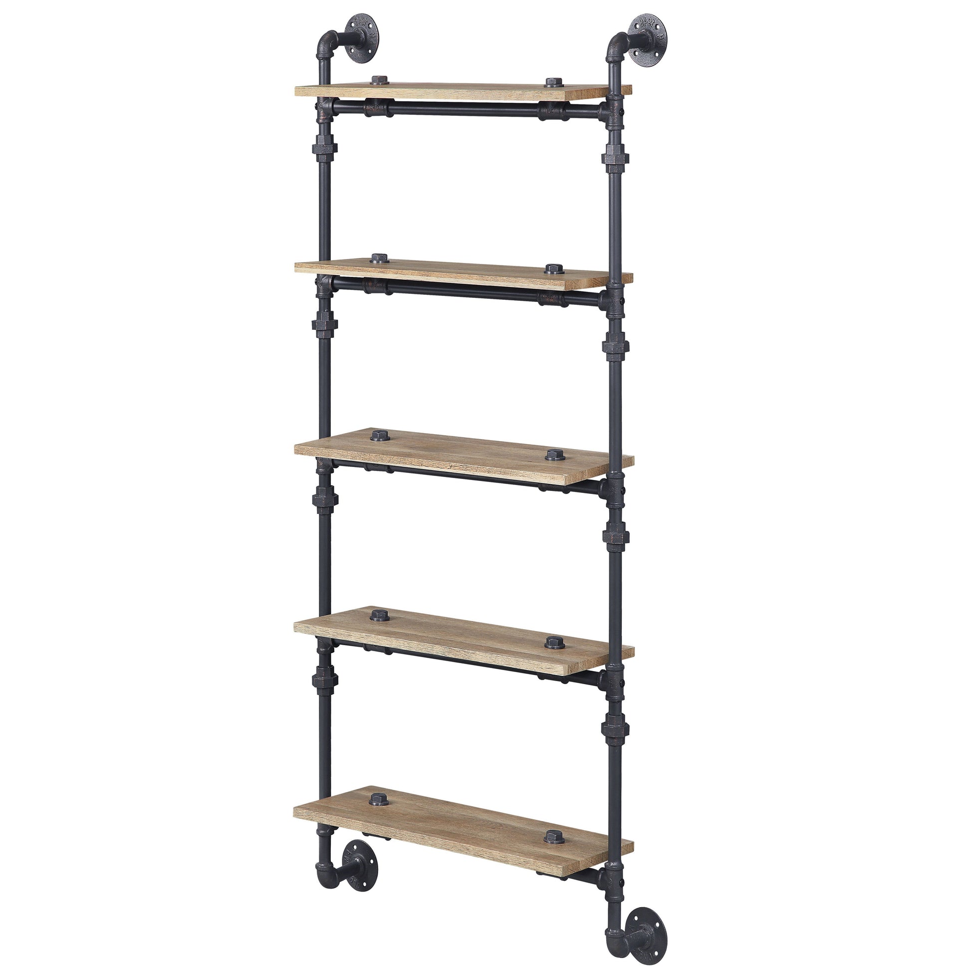 Industrial pipe shelving unit with five wooden shelves and black metal pipe frame