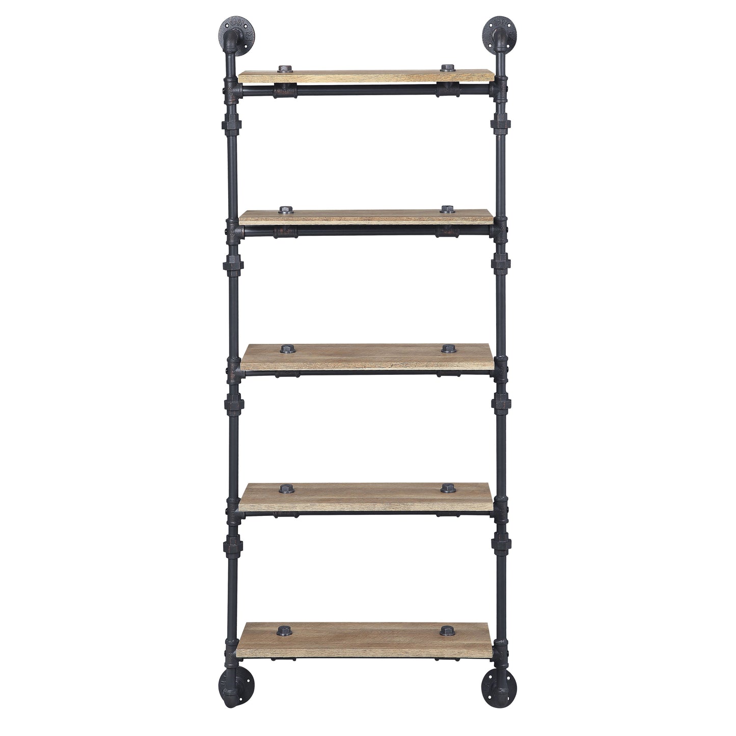 Industrial pipe shelf unit with five distressed wood shelves and black metal pipes on wheels