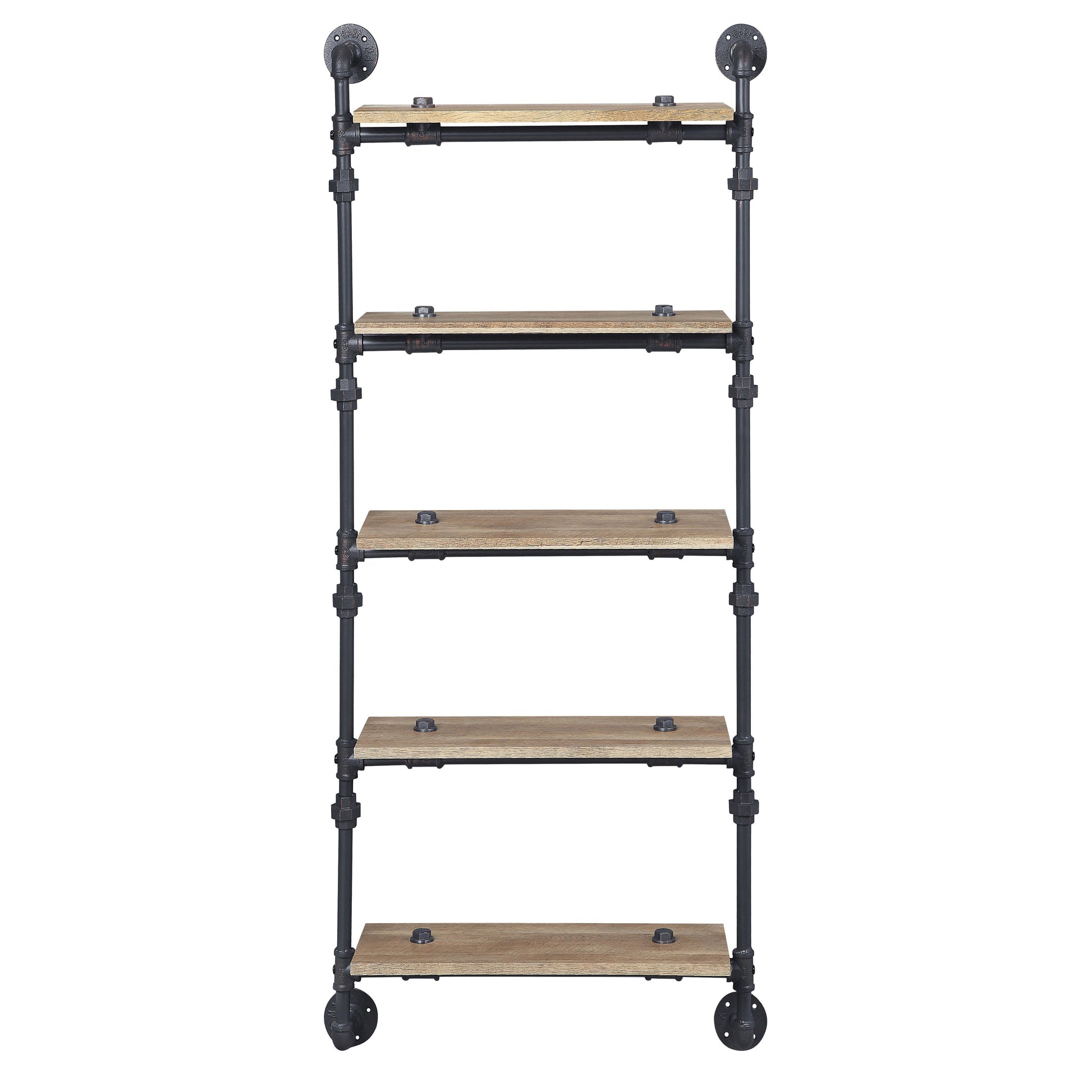 Industrial pipe shelf unit with five distressed wood shelves and black metal pipes on wheels