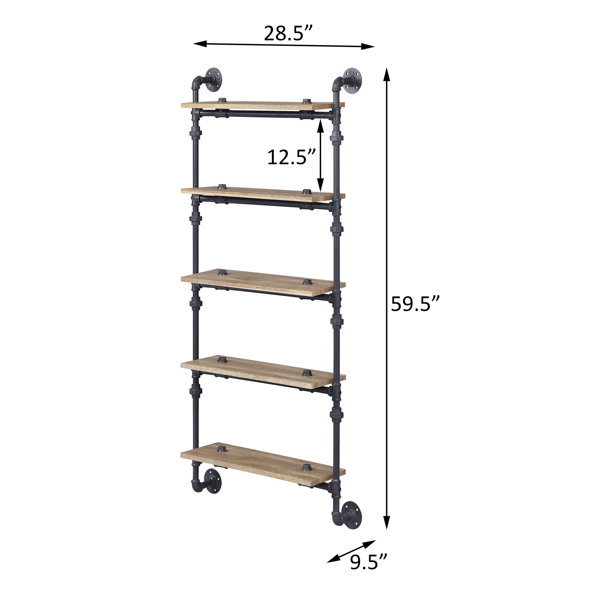 Industrial pipe shelf with five wood planks and black metal frame  H