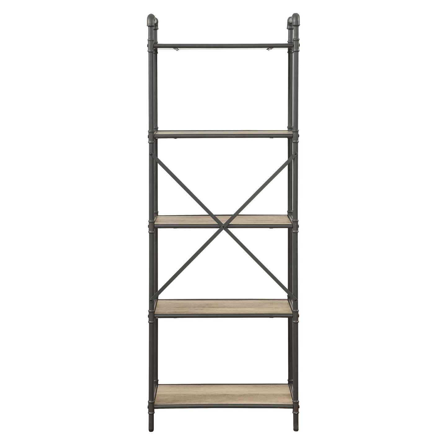 Industrial pipe bookshelf with five distressed wood shelves featuring a dark metal frame