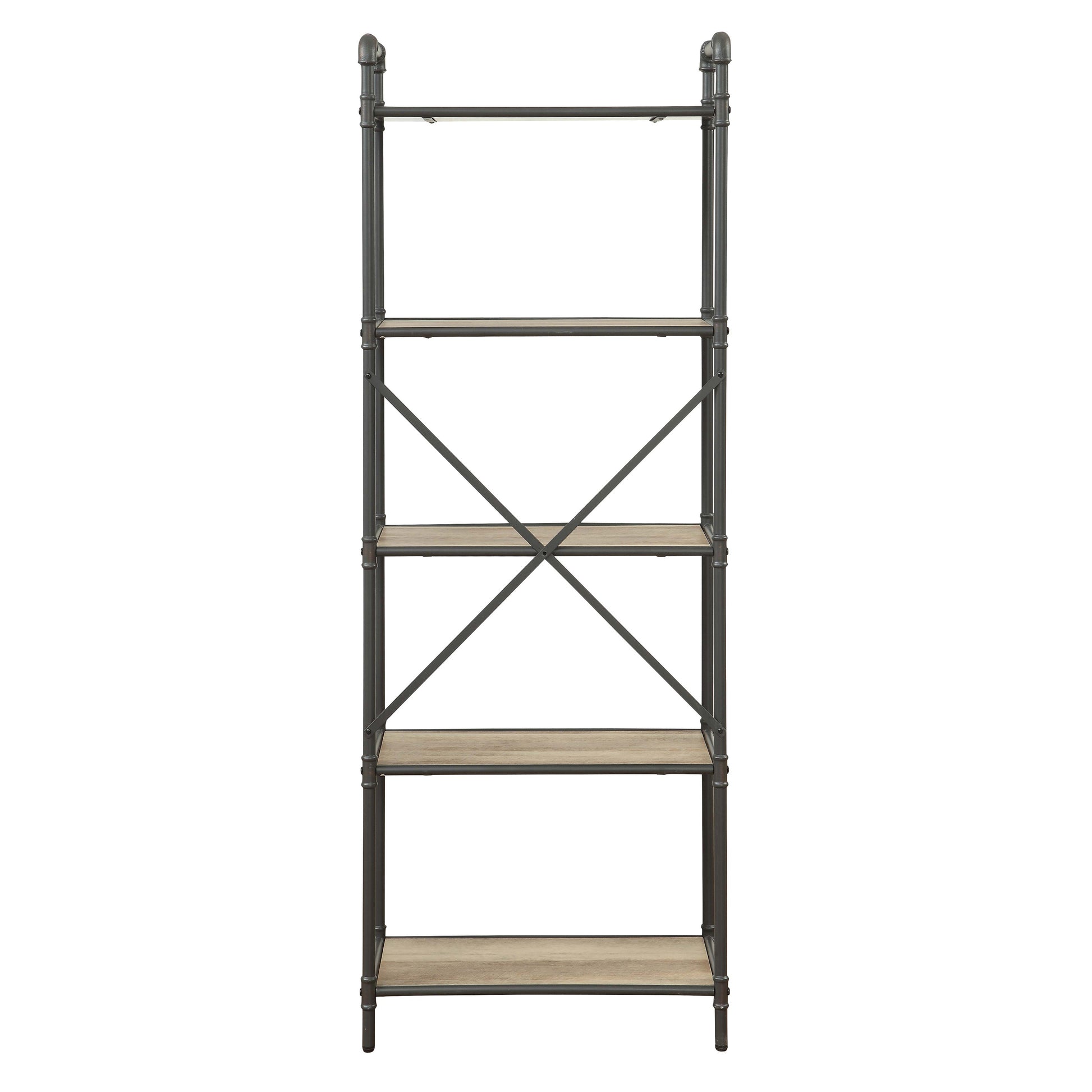 Industrial pipe bookshelf with five distressed wood shelves featuring a dark metal frame