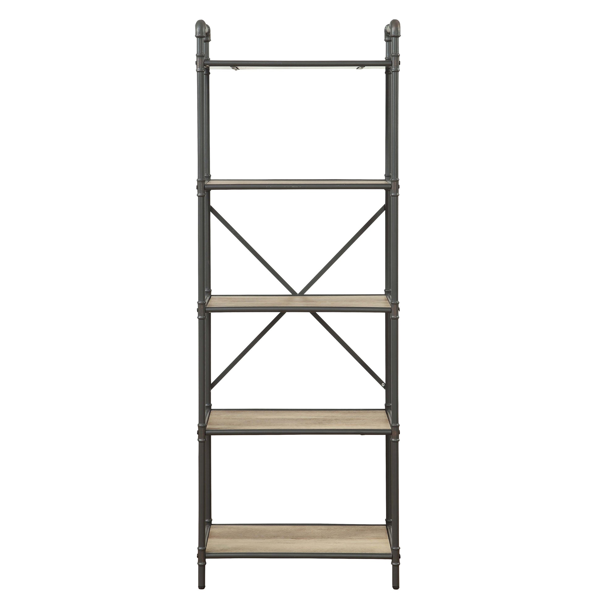 Industrial pipe bookshelf with five light wood shelves and dark metal frame