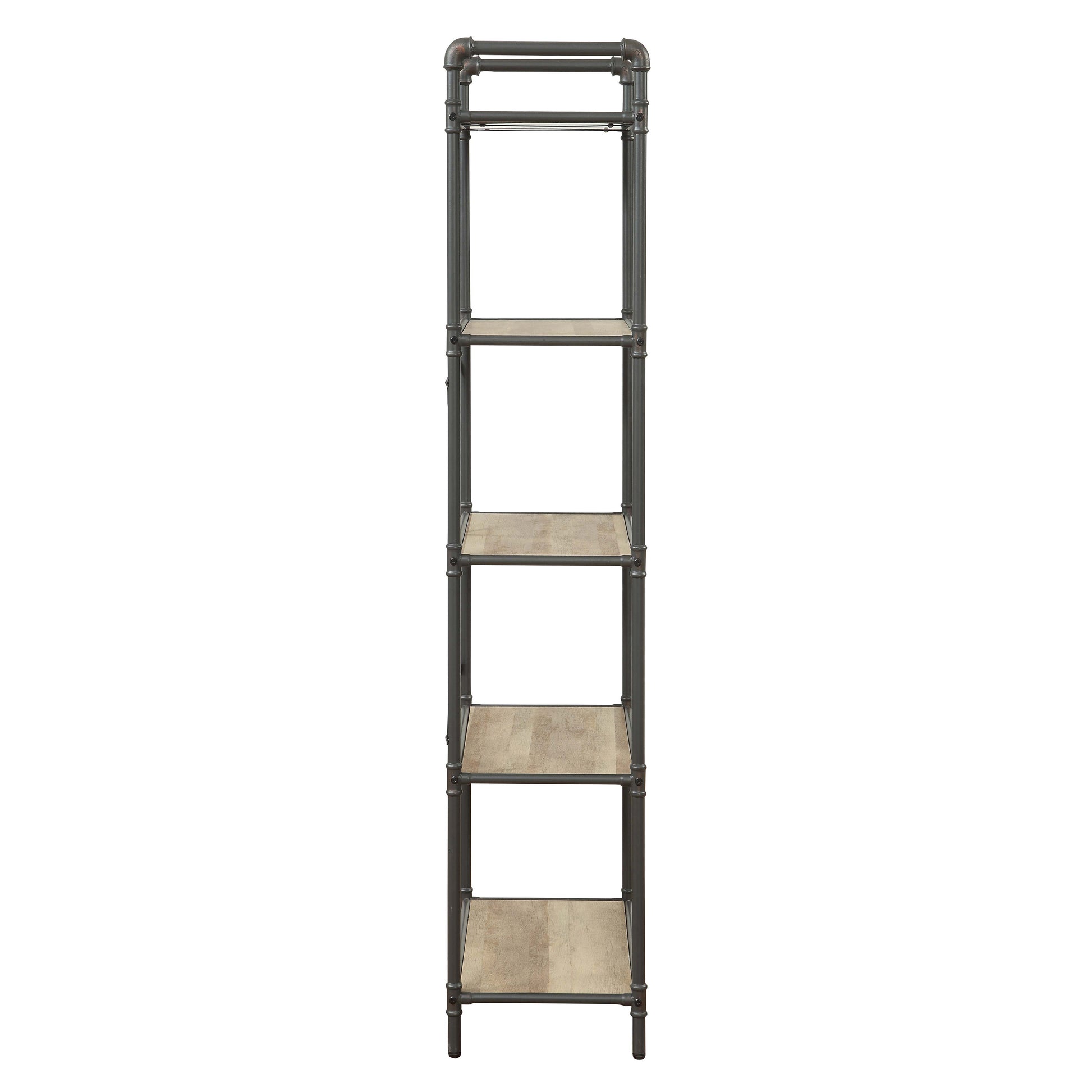 Industrial pipe bookshelf with five light wood shelves and dark metal frame