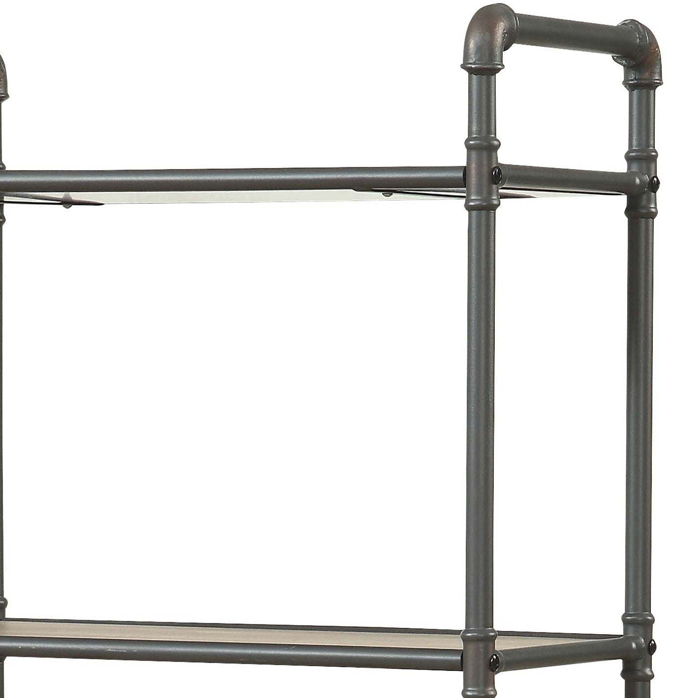 Industrial pipe shelving unit with distressed metal finish and wood planks for storage