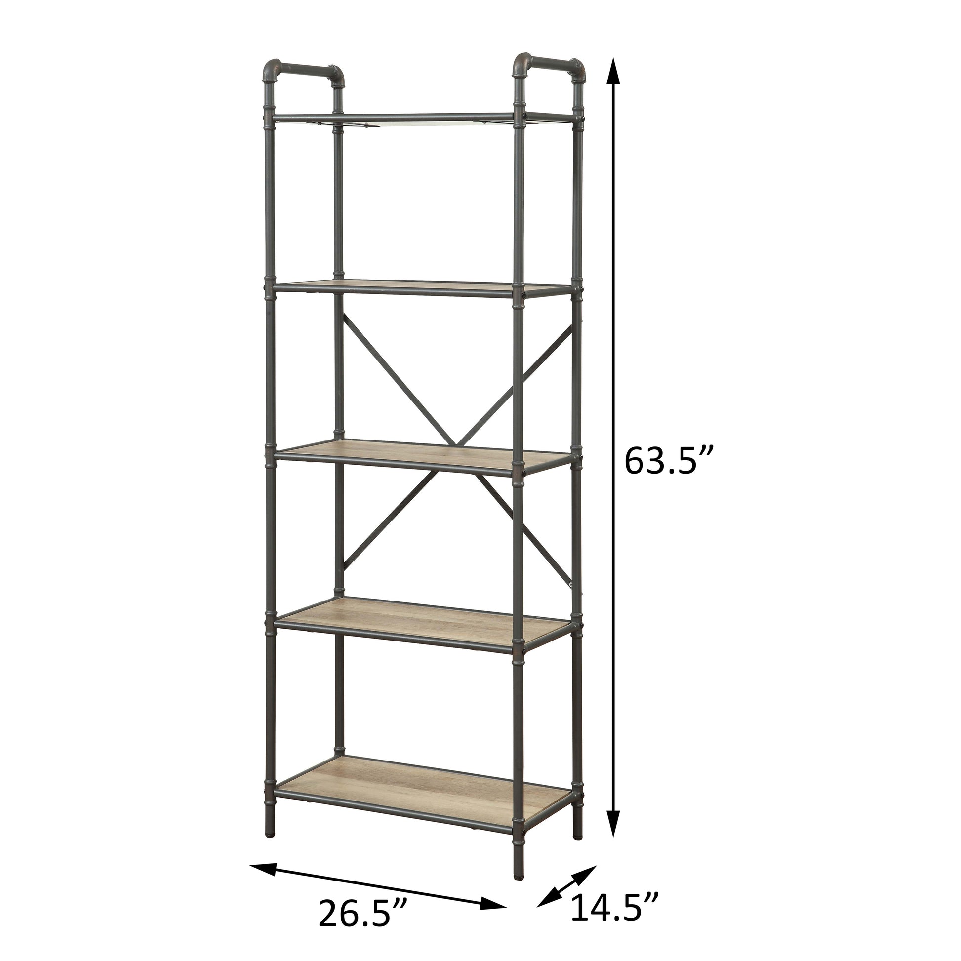 Industrial style fivetier bookshelf with dark metal pipes and light wood shelves