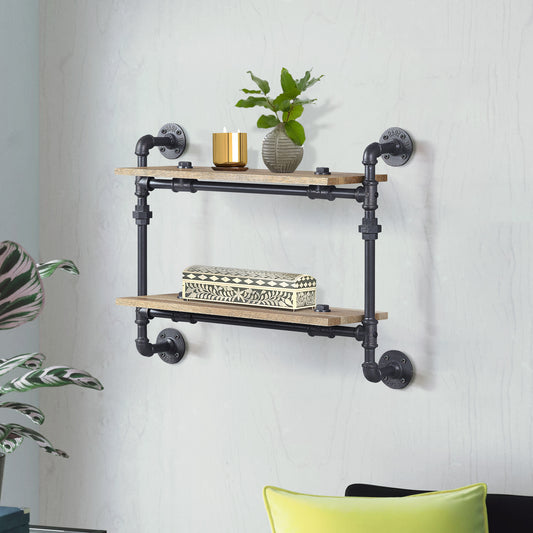 Industrial pipe shelf with two natural wood shelves black metal pipes and decorative box