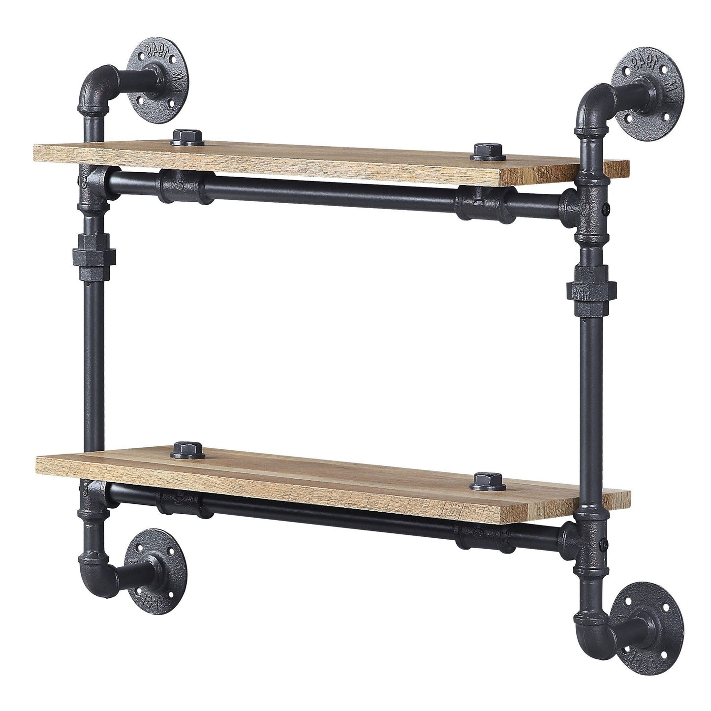 Industrial twotier pipe shelf with distressed wood planks and black metal accents