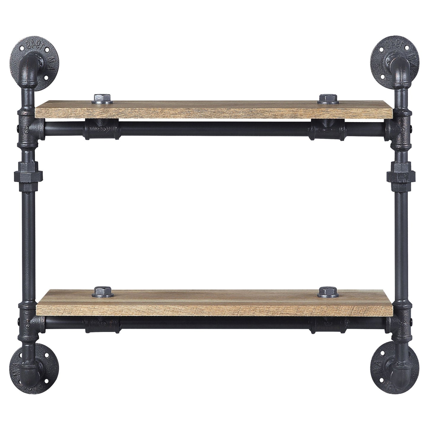 Industrial pipe shelf with two distressed wood planks and black metal fittings