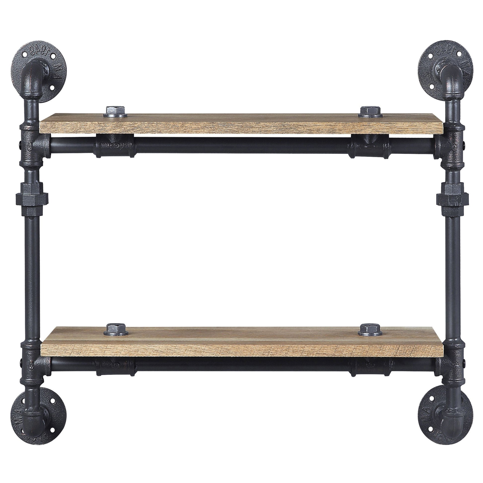 Industrial pipe shelf with two distressed wood planks and black metal fittings