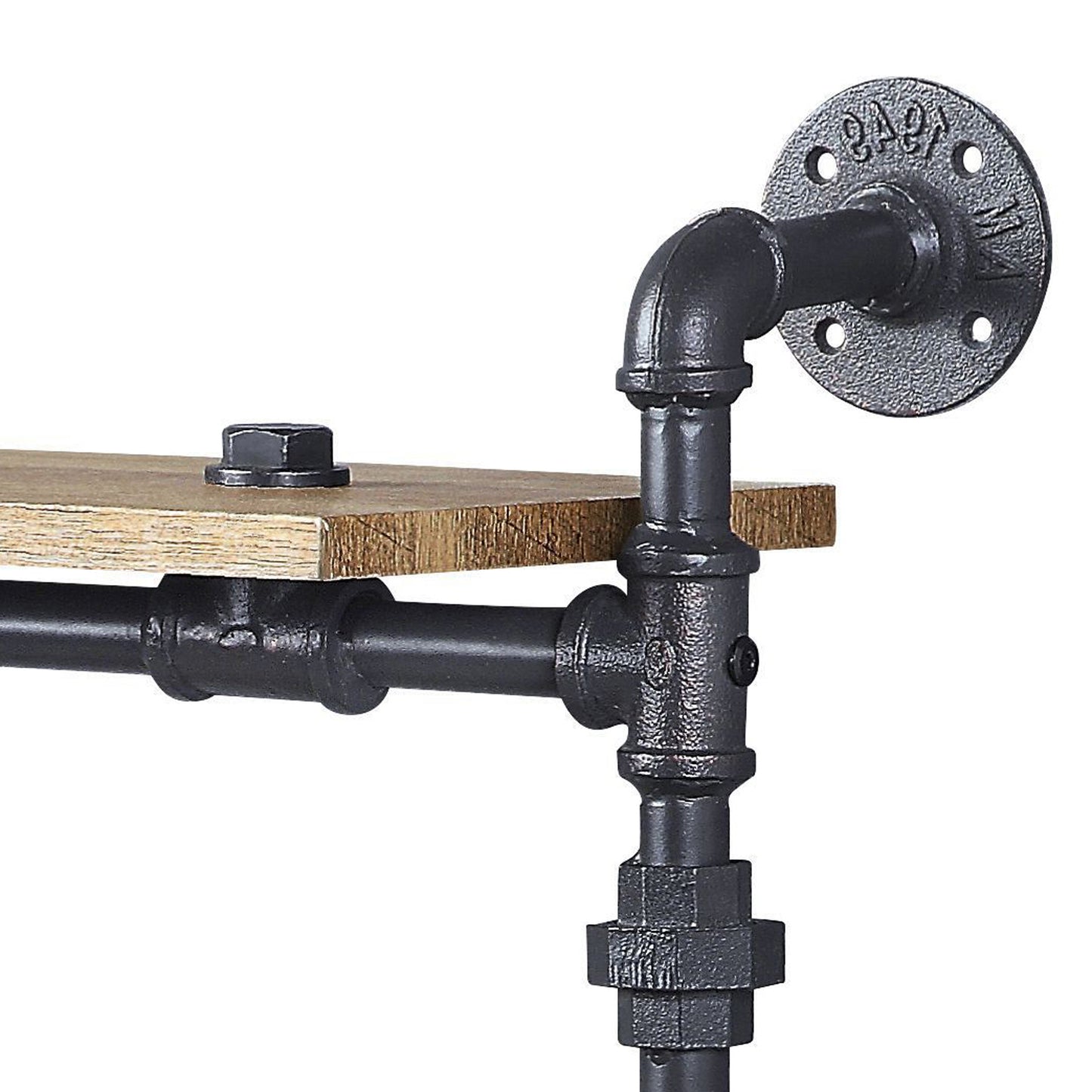 Industrial black pipe shelf bracket with reclaimed wood shelf and hardware