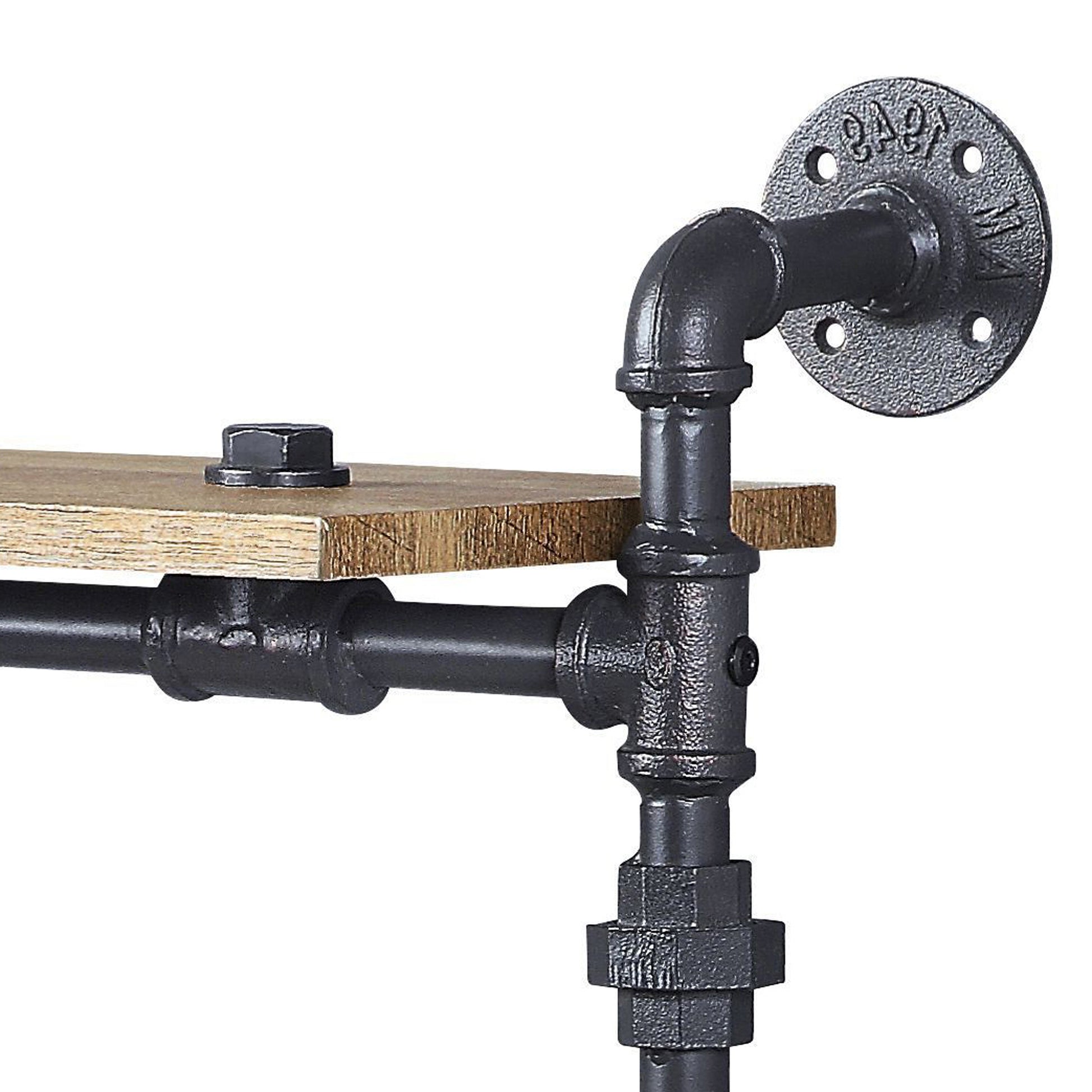 Industrial black pipe shelf bracket with reclaimed wood shelf and hardware