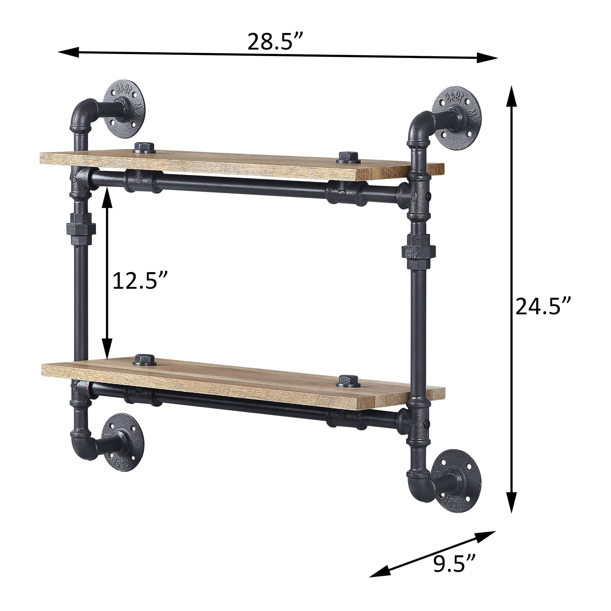 Industrial pipe shelf with two wooden planks black metal frame  width