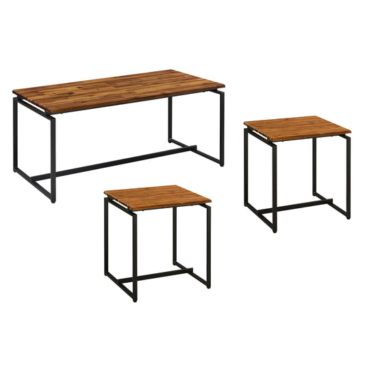 Acacia wood nested tables with black metal frames set of