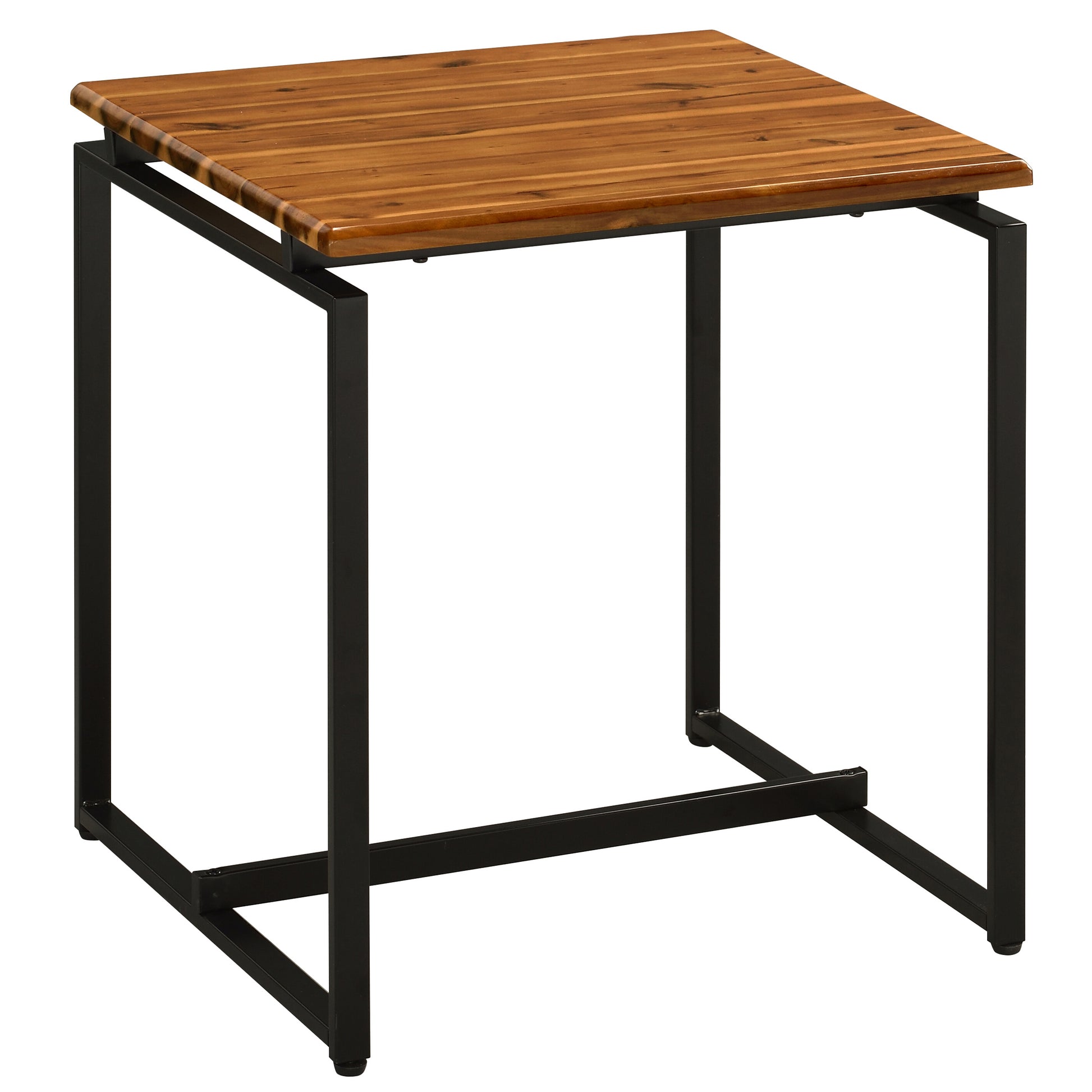 Rustic acacia wood side table with a dark metal frame perfect for a modern living room