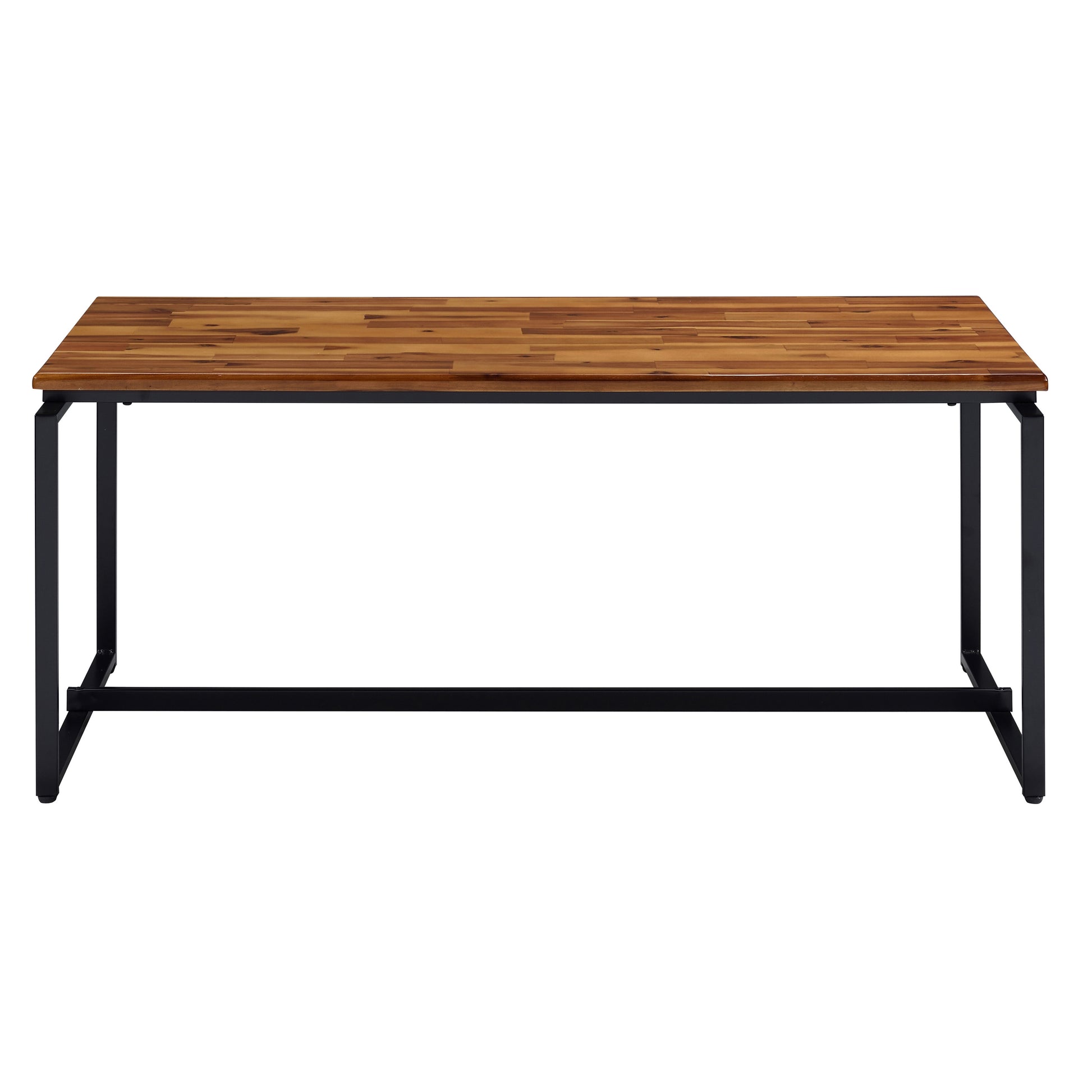 Rectangular dining table with a butcher block acacia wood top and black metal legs