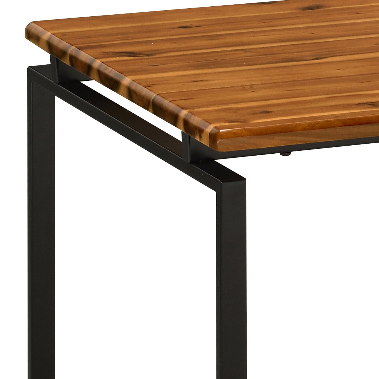 Close up of a solid wood desktop with natural grain and a black metal frame