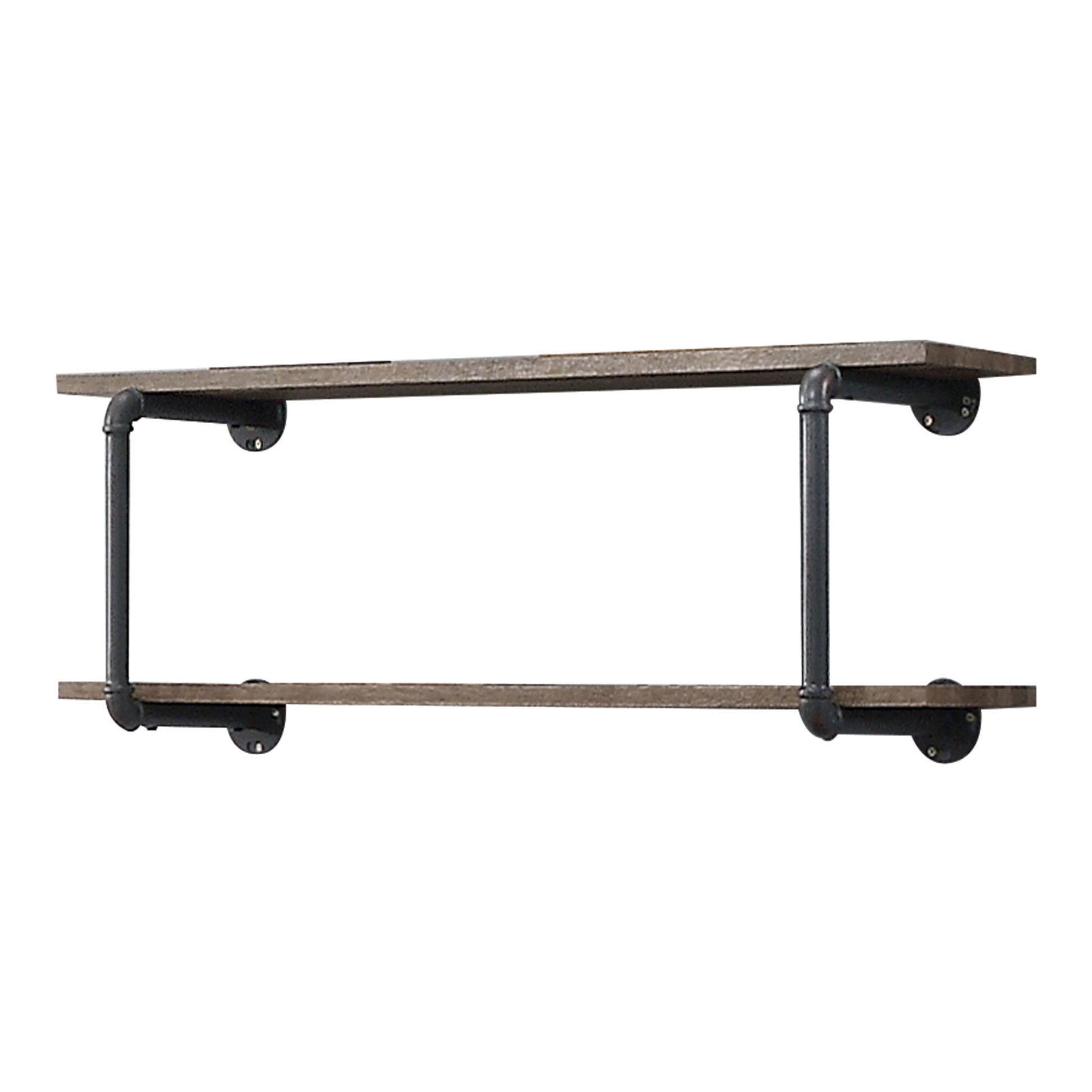Industrial pipe shelf with two reclaimed wood planks and black metal framing