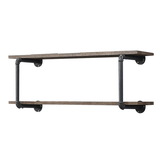 Industrial pipe shelf with two reclaimed wood planks and black metal framing