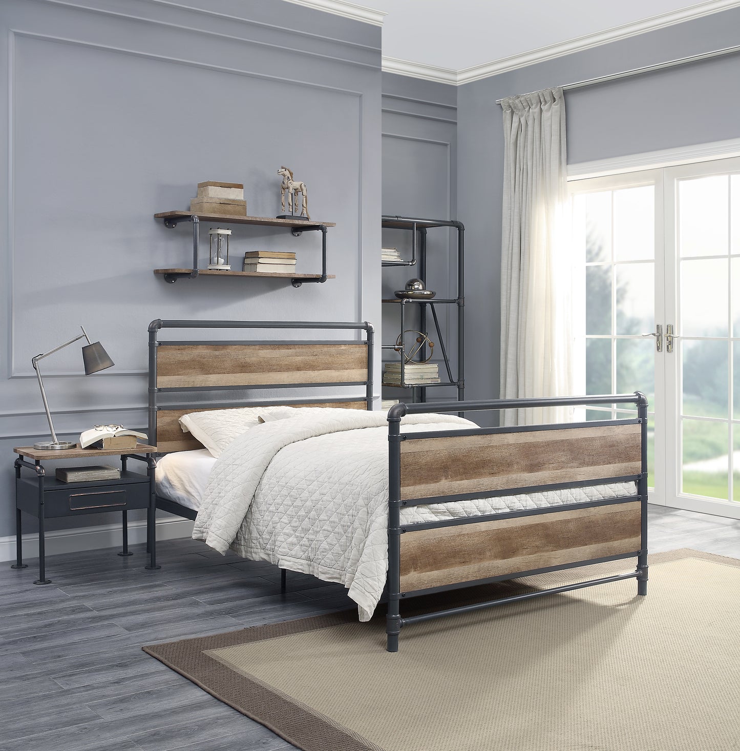 Industrial metal and wood queen bed frame with white quilted comforter bedside table