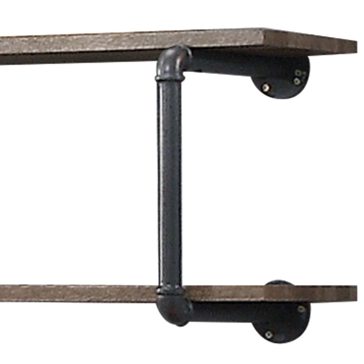 Rustic industrial pipe shelf with weathered wood plank black metal pipe supports and mounting brackets