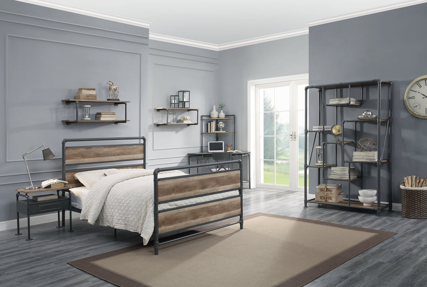 Rustic industrial bed frame with distressed wood headboard and footboard