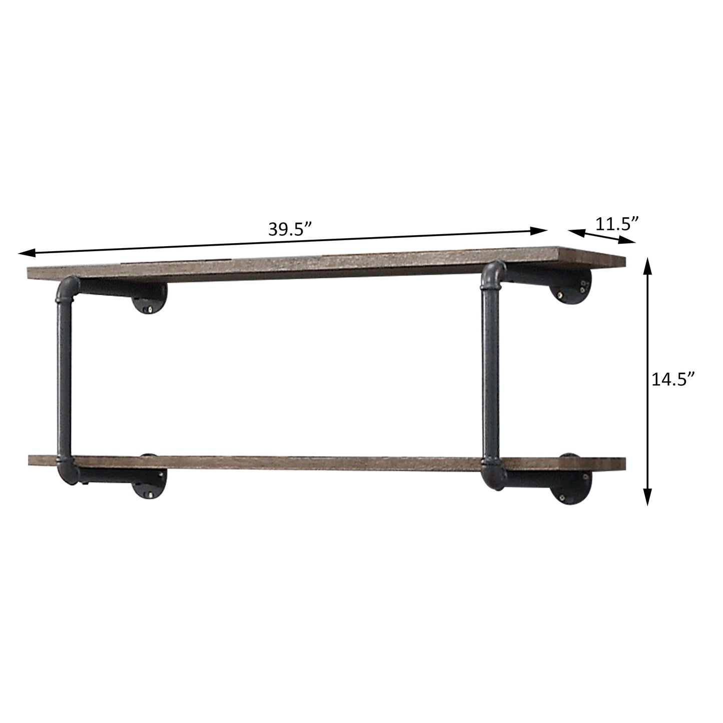 Industrial style pipe shelf with two rustic wooden shelves and black metal pipes  W
