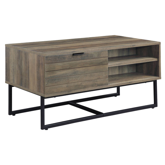 Rustic brown wood media console with black metal legs and open shelving