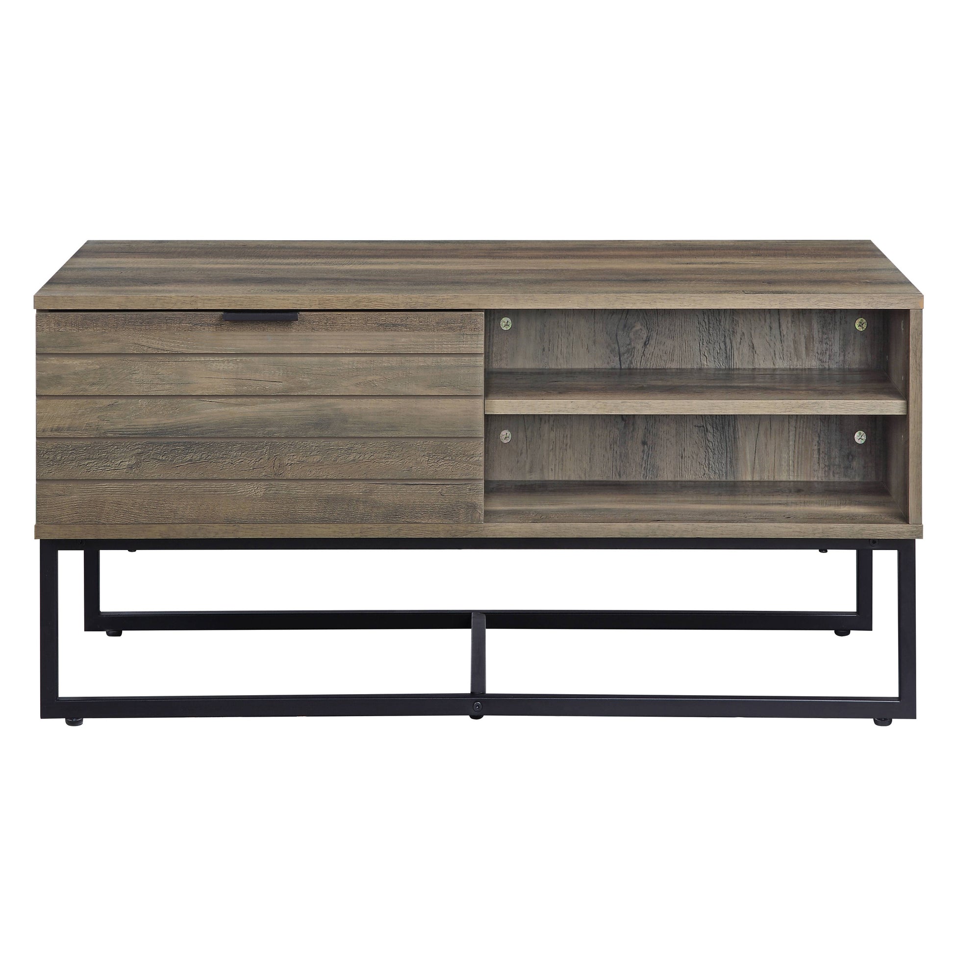 Rustic wood TV stand with one drawer and open shelving on black metal legs