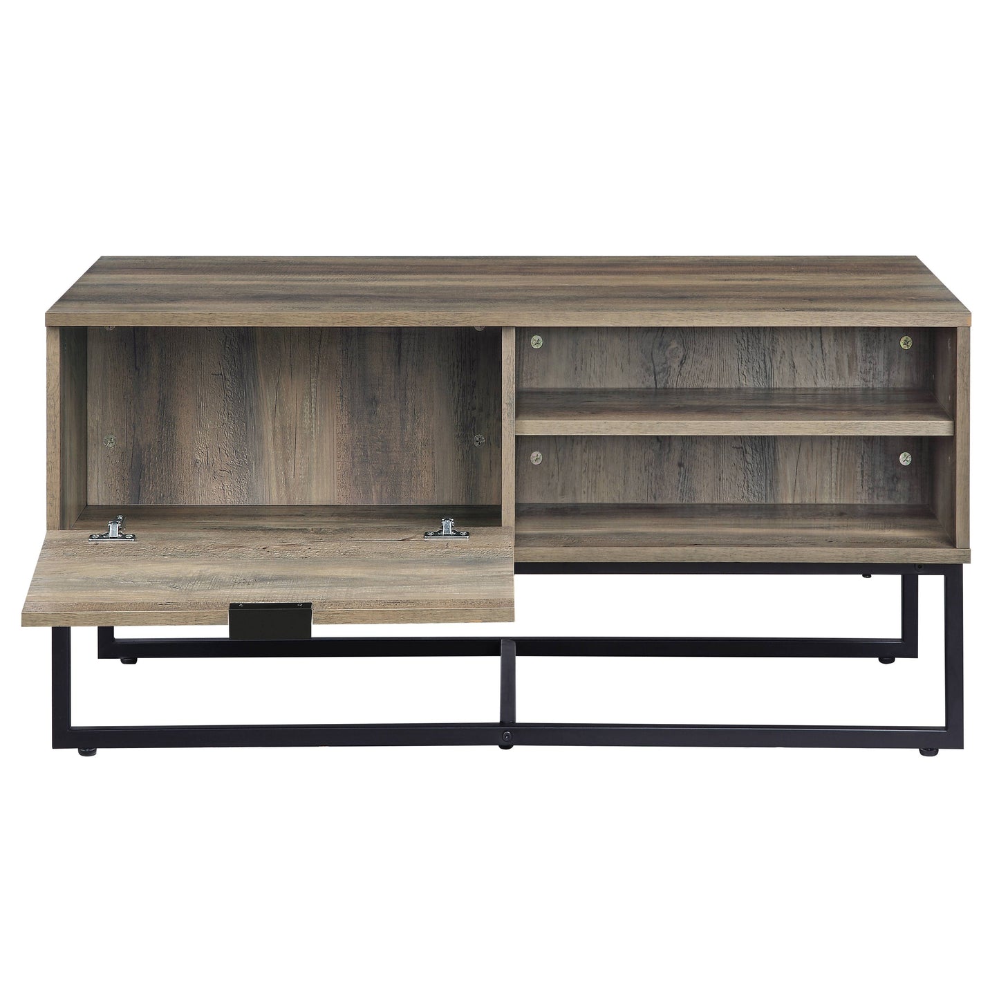 Rustic wood media console with open shelving and a lifttop compartment
