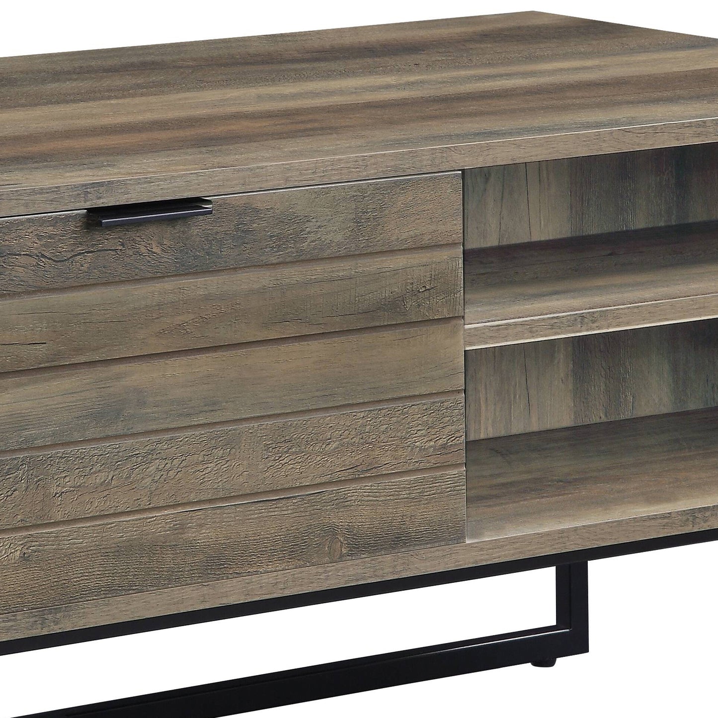Distressed wood tv stand with open shelving and black metal legs