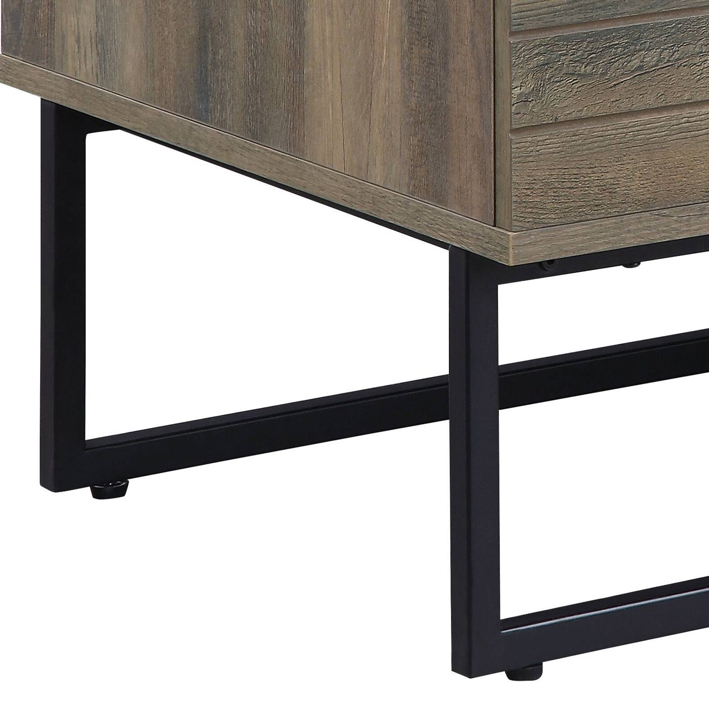 Rustic wood grain desk with black metal frame legs and adjustable feet