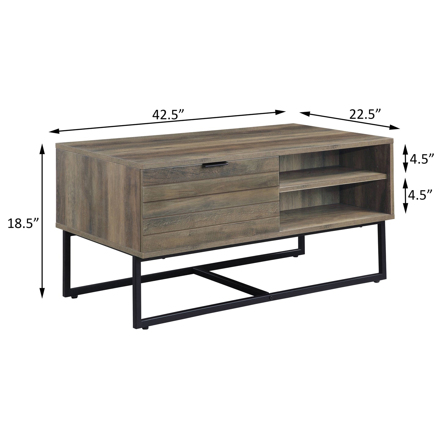 Distressed wood media console with two drawers and open shelves on black metal legs
