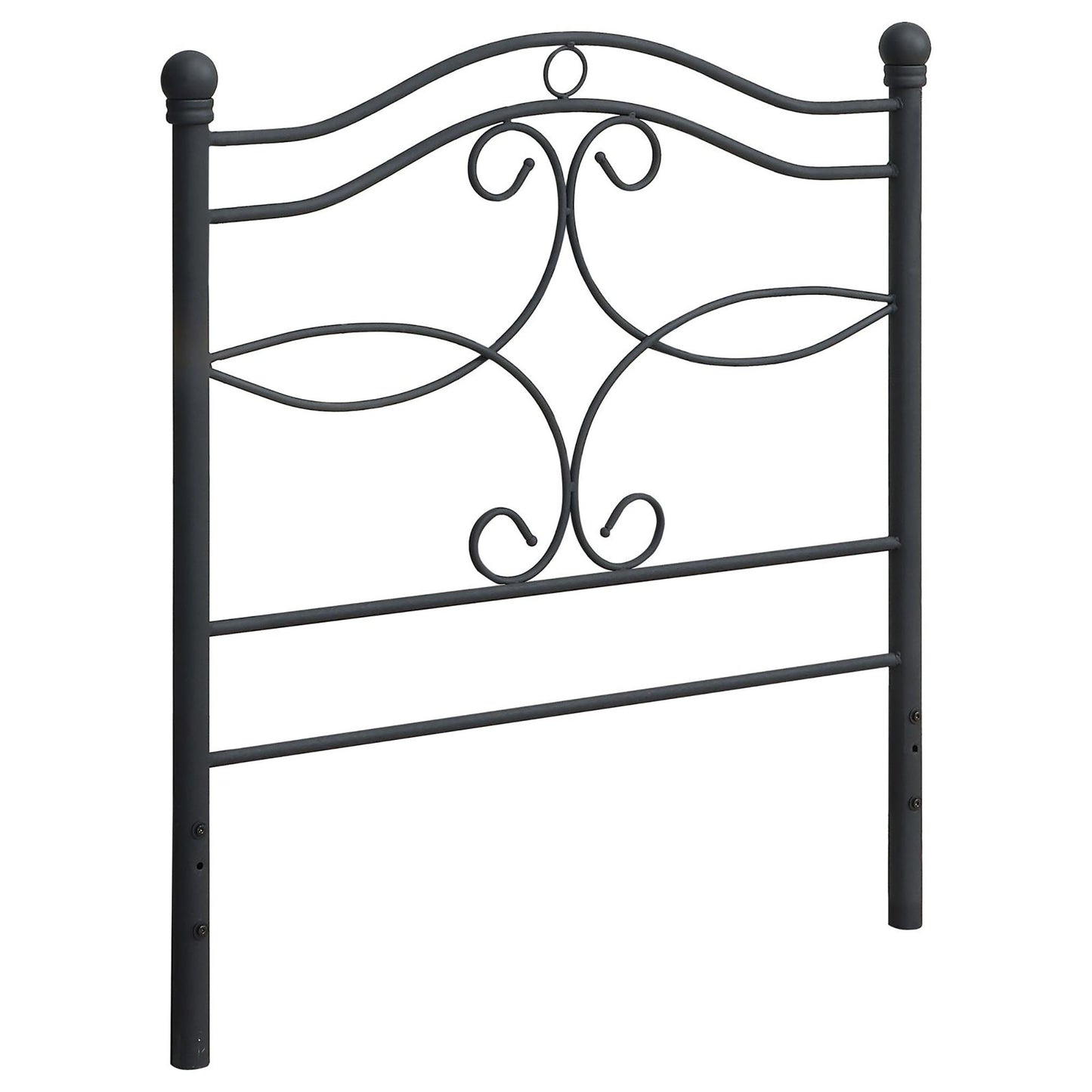 Dark gray metal headboard with scrollwork and finials classic bedroom furniture