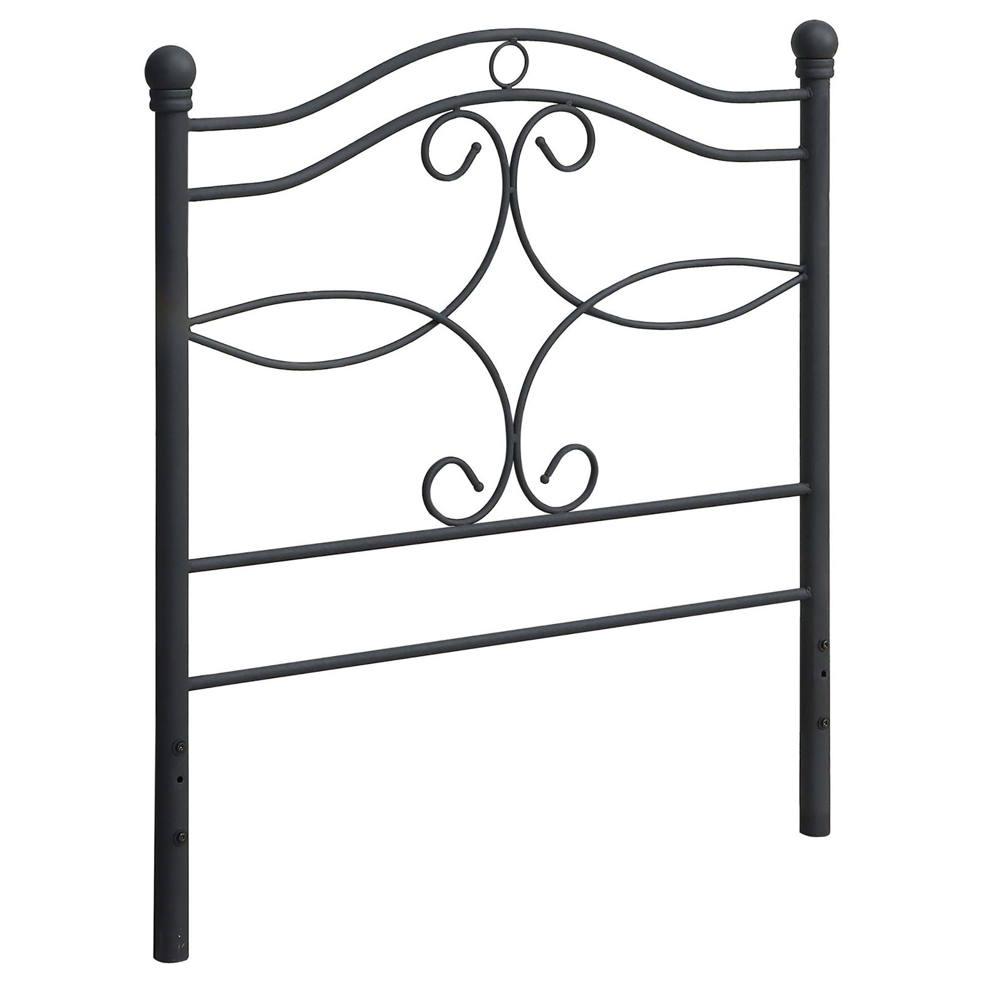 Dark gray metal headboard with scrollwork and finials classic bedroom furniture