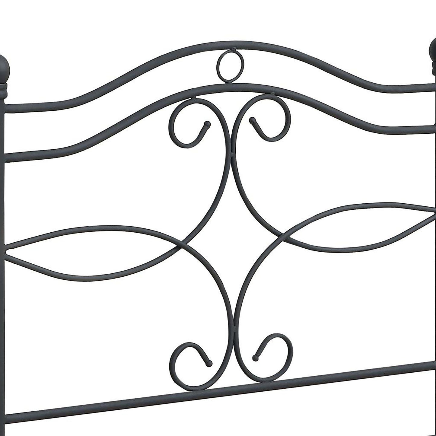 Dark gray wrought iron bed frame with scrollwork detail and finial accents