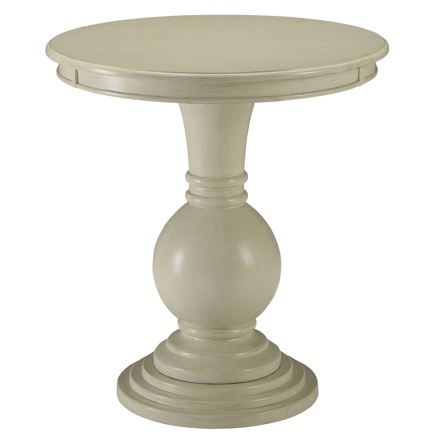 Antique white round pedestal accent table with carved details and a distressed finish