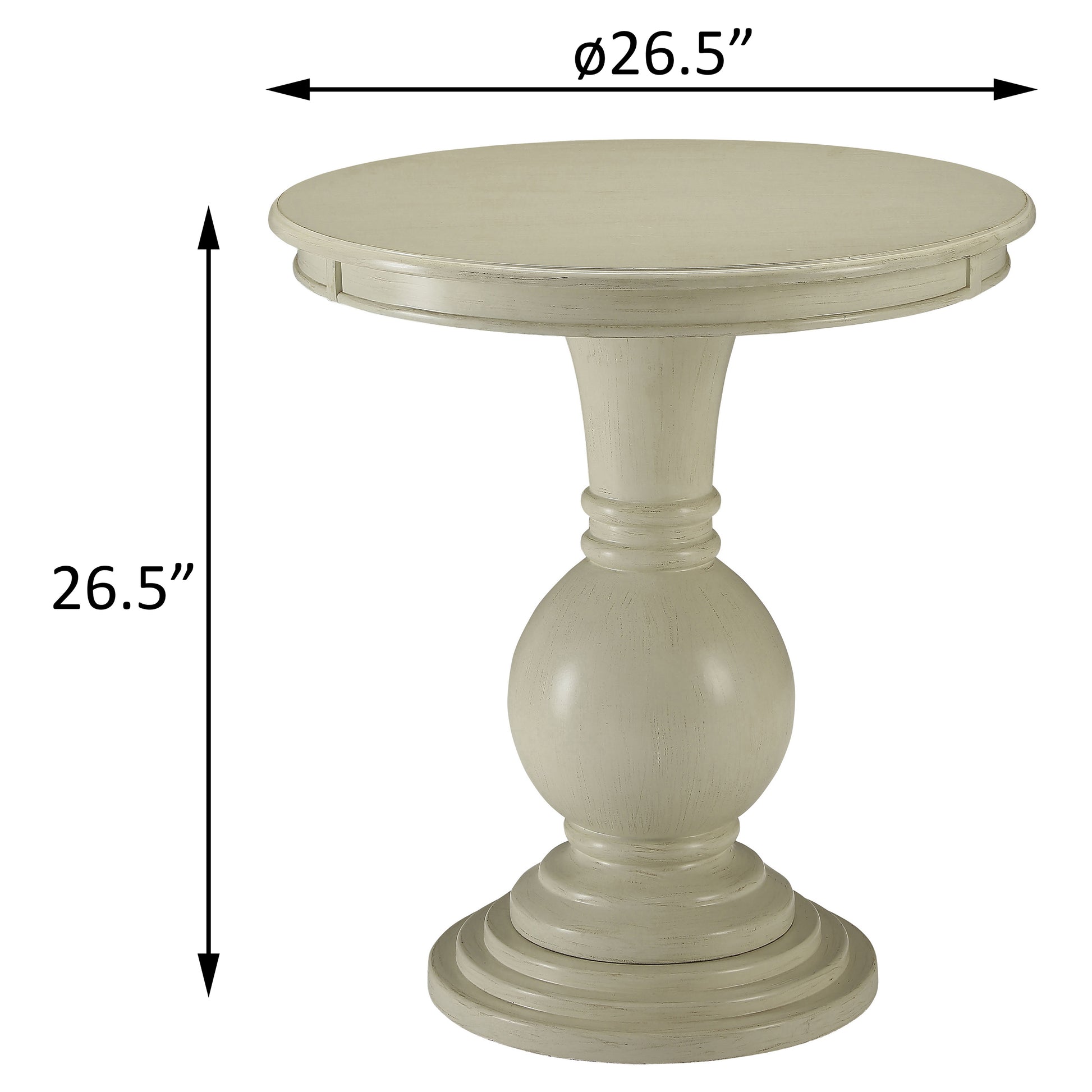 A distressed ivory round accent table with a turned pedestal base measuring  inches high