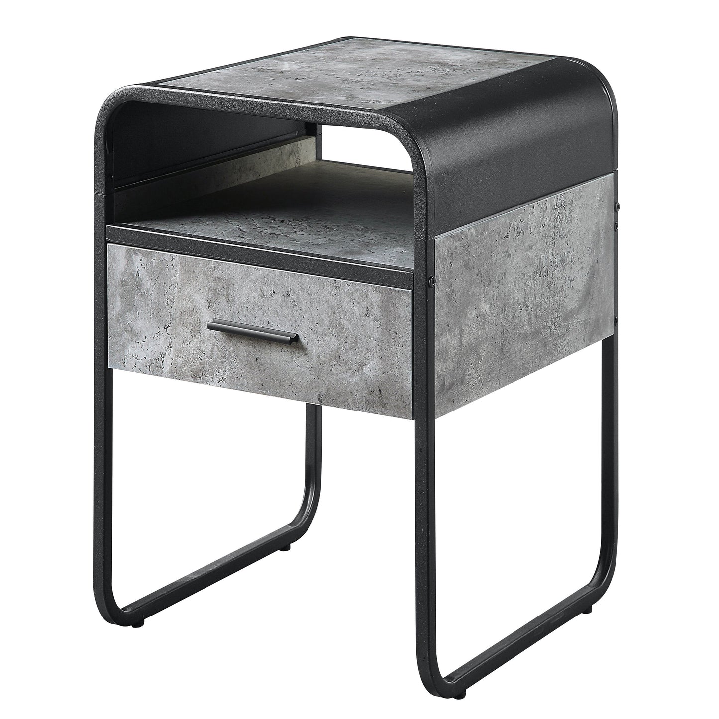 Modern concretelook nightstand with open shelf and black metal frame