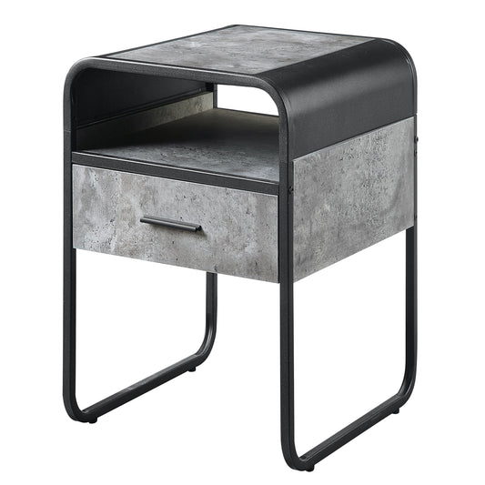 Modern concretelook nightstand with open shelf and black metal frame